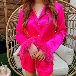 Buddy Love Pink Satin Feather Trim Pajama Set